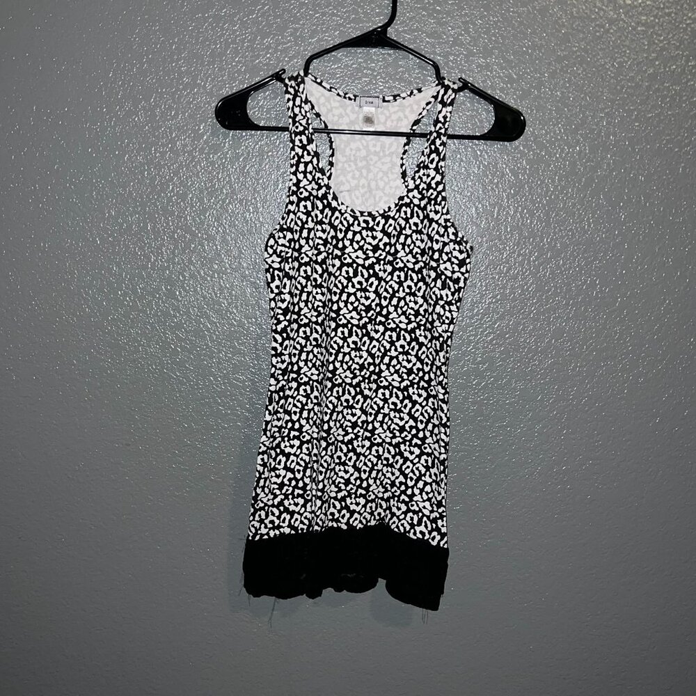 DIVA Abstract Animal Print Racerback Tank Top with Lace Trim Women's Size Large